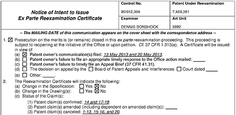 USPTO NIRC confirming seven claims of rubber-banding patent