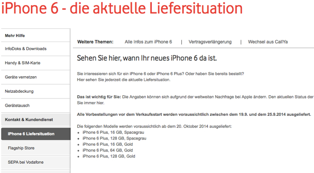 iPhone 6 Lieferstatus bei Vodafone