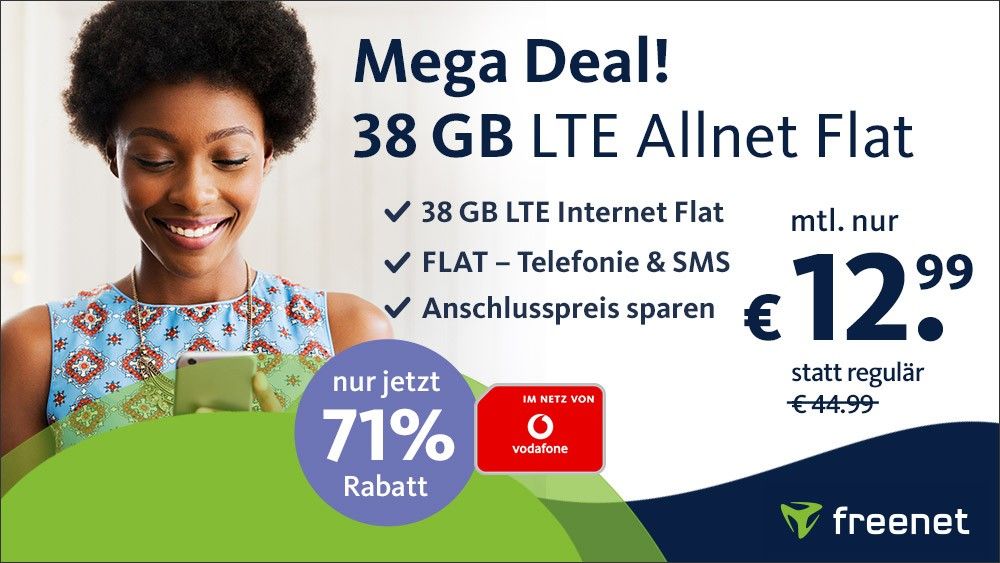 38GB LTE Vodafone Allnet Flat für 12,99€ mtl. (VoLTE, WLAN Call, eSIM + 0€ Anschlusspreis)